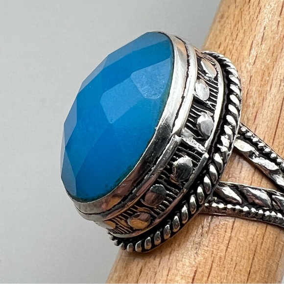 New Blue Chalcedony Agate Stone Oval Faceted Silver Overlay Ring Size 7.75 - 8 - Picture 8 of 10